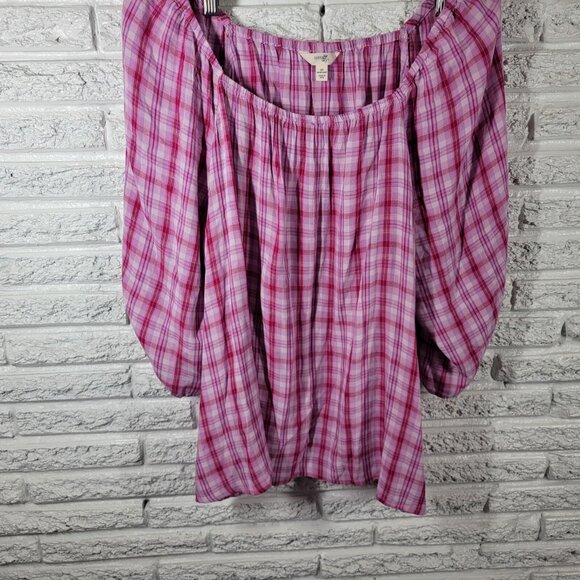 Terra Sky Womens Top 2X Plus Peasant Pink Plaid On Off Shoulder PLA114E - Picture 4 of 8